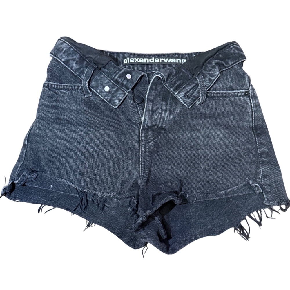 Alexander Wang Bite Fold Over Waistband Denim‎ Shorts Black Washed Size 25 - Picture 2 of 7